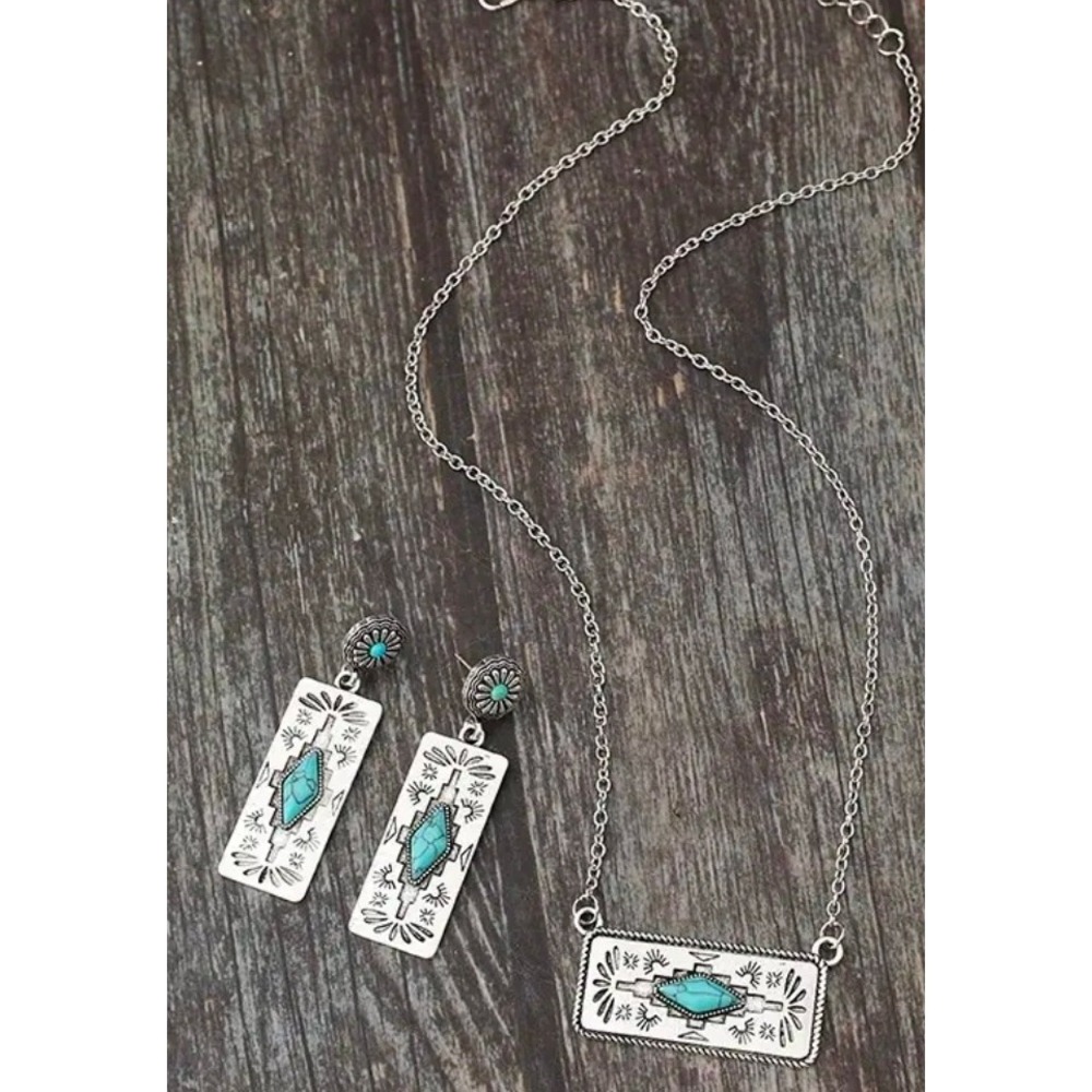 Turquoise Western Jewelry Set | Silver Tone Boho Necklace & Earrings Set - Picture 2 of 3